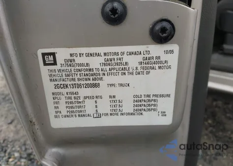 2006 Chevrolet Silverado 1500 Lt1 from USA, damaged, VIN 2GCEK13T061200868